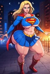 1girls abs ai_generated ass belt big_ass big_breasts bimbo blonde_hair blondie blue_eyes blue_skirt boots bubble_ass bubble_butt building cape city croptop dc dc_comics female huge_ass kara_zor-el kryptonian large_ass large_breasts long_hair long_sleeve_shirt looking_back lustylewdz miniskirt more_at_source muscular_female night pawg red_boots shadow solo stars supergirl superhero superheroine superman_(series) superman_logo thick thick_thighs toned underboob white_skin