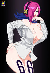 1girls ascot ass asymmetrical_bangs bandana bangs belly bent_over blue_eyes breasts cape censored cleavage convenient_censoring covered_breasts curvaceous female female_only hair_over_one_eye headphones high_resolution hips human kyoffie large_breasts legs lips medium_hair navel one_eye_covered one_piece pink_hair shirt short_hair side_bangs solo tagme thighs very_high_resolution vinsmoke_reiju