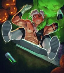 abs biceps bludwing danny_fenton danny_phantom fleshlight flushed flushed_face foreskin gay gay_male gay_sex ghost gloves green_body green_penis green_skin held_down implied_penetration implied_sex implied_threesome jack-o'-lantern jar legs_apart legs_up male male_only muscular muscular_male nipples pecs penis portal portal_sex pumpkin restrained ripped_clothing shoes threesome tombstone translucent_body uncircumcised white_hair white_shoes yaoi