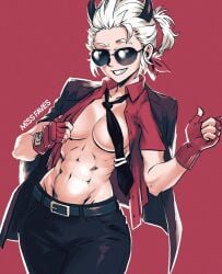 1girls abs blind buisness_suit business_attire business_woman demon demon_girl fit_female glasses gloves helltaker horns justice_(helltaker) muscular muscular_female necktie open_shirt red_gloves red_shirt shades smile smiling smiling_at_viewer tie tinted_eyewear white_hair