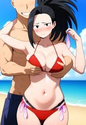 1boy 1girls ai_generated bikini condom momo_yaoyorozu my_hero_academia navel netorare outdoors ryu used_condom