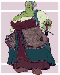 barrel buchtvana cleavage clothing gilf green_skin half-orc huge_breasts mature_female one_eye_closed overweight_female saltyjub smile smiling_at_viewer sword white_hair wide_hips yellow_eyes