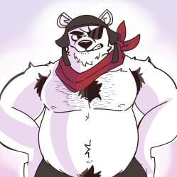 anthro armpit_hair bear black_nose body_hair chest_hair clothing epic_games eye_patch eyewear facial_scar fortnite fur hands_on_hips headgear headwear hi_res htony humanoid kerchief male mammal musclegut muscular navel neckerchief neckwear pecs polar_bear polar_patroller scar sneer solo ursine white_body white_fur