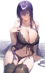 ai_generated ass_visible_through_thighs bare_arms bare_belly bare_shoulders belly_button black_panties black_thighhighs blue_eyes blush bra breasts camisole cleavage closed_mouth collarbone garter_belt garter_straps highschool_of_the_dead huge_breasts lace-trimmed_panties lingerie long_hair panties purple_hair saeko_busujima setsuaiart shiny_skin smile thighhighs thighs underwear zettai_ryouiki