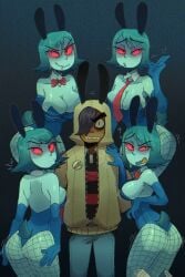 1boy 4girls ? bare_shoulders black_eyes black_hair blue_body blue_hair bowtie bunny_ears bunny_tail bunnysuit dark-skinned_male dark_skin demon demon_girl demon_hipster_chick elbow_gloves female fishnets gloves hair_over_one_eye harem heart looking_back male matthew_patel necktie peace_sign rear_view red_sclera scott_pilgrim short_hair zzzilart