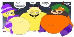 3girls female green_hair implied_vore kim_(spaghettiz) kim_the_pumpkin low_angle lowres obese_female oc pumpkin pumpkin_girl pumpkin_head spaghettiz stomach vore