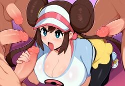 1girls 4boys ai_generated big_breasts big_penis cleavage female from_above group group_sex handjob huge_breasts large_breasts mullon multiple_girls novelai penis pokemon pokemon_bw2 rosa_(pokemon) straight surrounded_by_penises