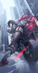 1girls black_hair city green_eyes hem_oo jane_doe_(zenless_zone_zero) looking_back_at_viewer motorcycle sfw skyscraper street sunglasses_on_head tail torn_pantyhose