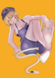 barefoot blonde_hair cleavage conductor_hat conductor_uniform dooby3d feet feet_focus goggles green_eyes indie_virtual_youtuber jerboa jerboa_humanoid ldvc666 sideboob tail virtual_youtuber yellow_background