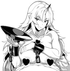 :d alcohol bangs breasts censored collarbone cuffs cup female fuantei greyscale heart heart_censor horn hoshiguma_yuugi large_breasts long_hair looking_at_viewer monochrome navel open_mouth paizuri pointy_ears pov_crotch sakazuki sake shackles sidelocks smile solo_focus topless touhou tsurime