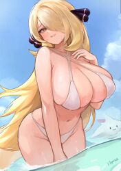 1girls artist_request beach blonde_hair cynthia_(pokemon) huge_breasts long_hair looking_at_viewer norza pokemon pokemon_dppt smile white_bikini