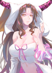 bare_shoulders breasts brown_hair cleavage collarbone cum cum_in_mouth detached_sleeves facial facial_mark fate/extra fate/extra_ccc fate_(series) female forehead_mark highres horns jhc_kai large_breasts long_hair long_sleeves looking_at_viewer multicolored_hair navel pink_hair pink_ribbon ribbon sesshouin_kiara solo stomach tongue tongue_out two-tone_hair upper_body veil wavy_hair wide_sleeves yellow_eyes