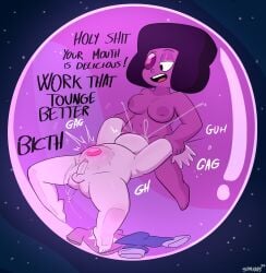 1boy 1futa balls belly big_penis blowjob breasts bubble cartoon_network clothes_removed clothing completely_nude cum cum_in_mouth cum_inside deepthroat dialogue duo english_text erection exclamation_point eyebrows feet forced futa_on_male futanari gem gem_(species) gem_on_belly genitals hair hi_res hybrid looking_pleasured male male_penetrated motion_lines naked navel nervous nipples open_mouth oral oral_sex penis penis_in_mouth red_body ruby_(steven_universe) ruby_eyeball sex shirt short_hair space spakka5 standing star steven_quartz_universe steven_universe teeth testicles text