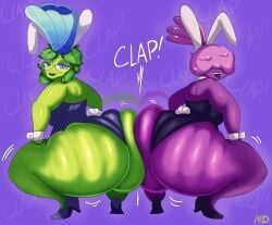 2girls ass ass_clapping ass_to_ass ava_(weirdicecubes) big_ass bottom_heavy bubble_butt bunny_ears bunny_girl bunny_tail bunnysuit clapping_cheeks commission dat_ass fat_ass female female_only hair_over_eyes huge_ass large_ass looking_at_viewer looking_back mackdazzle massive_ass moonie_(picorita83) original plant plant_girl png slim_girl slime thick_ass thick_thighs thunder_thighs twerking white_background wide_hips