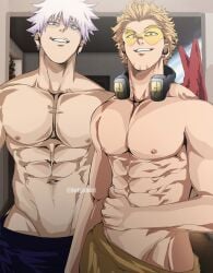 2boys abs bara gay hawks_(my_hero_academia) jujutsu_kaisen keigo_takami keigoberi looking_at_viewer male male_only muscular muscular_male my_hero_academia pecs pov pov_eye_contact satoru_gojo seductive seductive_look seductive_smile