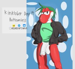 1boy anthro assassinfenrir balls black_eyes bottomless clothed clothing foreskin genitals green_hair hair hand_in_pocket hands_in_both_pockets hi_res jacket male mario_(series) multicolored_body nintendo penis pockets red_body shaded shirt solo topwear two_tone_body yoshi