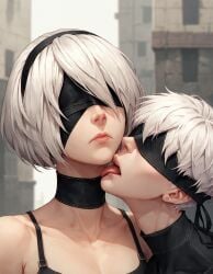 age_difference ai_generated blindfold emotionless licking licking_neck nier:_automata rtxfus rtxfus34 sexually_suggestive softcore tongue tongue_out white_hair yorha_2b yorha_9s