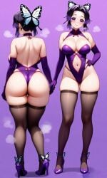 ai_generated back_view backless_outfit breasts butterfly_hair_ornament demon_slayer front_view gloves hair_ornament high_heels kochou_shinobu large_ass large_breasts lingerie multicolored_hair outcyli731 pantyhose purple_background purple_eyes purple_gloves purple_hair purple_lingerie short_hair slut slutty_outfit stable_diffusion steam steaming_body