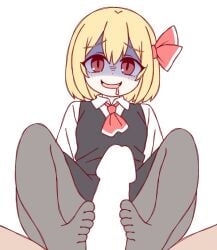 1boy black_skirt black_vest blank_censor blonde_hair blush bow censored collared_shirt commentary drooling feet female footjob footjob_with_legwear full_body grey_pantyhose hairbow long_sleeves looking_at_viewer mouth_drool no_shoes oerba_yun_fang onkn_sxkn open_mouth pantyhose pov pov_crotch red_bow red_eyes rumia shaded_face shirt short_hair simple_background skirt skirt_set smile solo_focus touhou two-footed_footjob vest white_background white_shirt