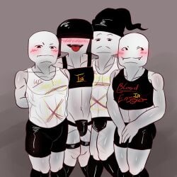 4boys blush color combat_dummy english_text gay hat highlights_(coloring) item_asylum male revealing_clothes roblox roblox_game shading short_pants silly_face simple_background standing staredown stockings tank_top text tongue_out watermark wearing_hat