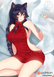 1girls absurdres ahri alternate_costume alternate_hairstyle animal_ears aran_sweater artist_name ass backless_outfit bangs black_hair blush braid breasts dress facial_mark female female_only fox_ears fox_humanoid fox_tail halterneck highres large_breasts large_filesize league_of_legends long_hair looking_at_viewer meme_attire multi_tail multiple_tails naked_sweater no_bra no_panties no_underwear nopan open-back_dress open_mouth patreon_logo red_dress red_sweater ribbed_sweater simple_background sitting sleeveless sleeveless_turtleneck slit_pupils smile solo sweater sweater_dress tail tofuubear turtleneck turtleneck_sweater virgin_killer_sweater whisker_markings white_background yellow_eyes