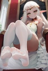 1girls ai_generated blush civitai dress elf elf_ears elf_female feet feet_up female flat_chest flat_chested foot_fetish foot_focus footwear green_eyes looking_at_viewer princess shortstack sitting smile stockings thick_thighs thighs throne tiara viewed_from_below white_dress white_hair white_stockings