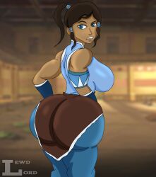 1girls ass_focus avatar_legends blue_eyes brown_hair bubble_butt dark-skinned_female dark_skin female korra looking_at_viewer muscular_female nickelodeon the_avatar the_legend_of_korra thelewdlord water_tribe