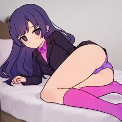 1girls ai_generated ass astra_ishimari bed black_eyes black_suit dark_purple_hair highres imminent_sex light_skin looking_at_viewer no_pants oc_(osmondai) on_bed original original_character osmondai panties pink_socks purple_hair purple_panties smile socks solo stable_diffusion suit thighs