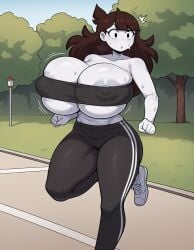 :o ai_generated areola_slip areolae bouncing_breasts breasts brown_hair covered_nipples goonedoutp3rv huge_breasts jaiden jaiden_animations jogging long_hair looking_to_the_side navel nipple_slip nipples outdoors park skindentation sneakers surprised sweat thick_thighs tight_clothing tight_pants tree tubetop white_skin wide_eyed