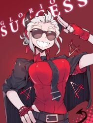 1girls blind buisness_suit business_attire business_woman clothed demon demon_girl glasses gloves helltaker horns justice_(helltaker) necktie red_gloves red_shirt shades smile smiling smiling_at_viewer tie tinted_eyewear white_hair