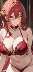 1girls ai_generated bare_shoulders bed bedroom belly belly_button big_breasts blush bra breasts choker cleavage clothing collarbone commentary_request curvaceous curvy curvy_body curvy_female curvy_figure female female_focus female_only golden_eyes hair hair_between_eyes head_tilt himeko_(honkai:_star_rail) hips honkai:_star_rail honkai_(series) hourglass_figure hoyoverse indoors inside lace lace-trimmed_bra lace-trimmed_panties lace_bra lace_trim lia_the_busty_redhead lingerie lips long_hair long_lashes looking_at_viewer mature mature_female navel panties red_clothing red_hair red_lingerie red_underwear ribbon seductive seductive_eyes seductive_smile self_upload sitting smiling_at_viewer solo solo_female solo_focus tagme thick_thighs thighs underwear wide_hips