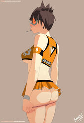 1girls ass blizzard_entertainment breasts brown_hair cheerleader cheerleader_uniform cleavage clothes dat_ass female female_only goggles human looking_at_viewer looking_back medium_breasts overwatch panties panties_down panty_pull pinup short_skirt sillygirl sinner skirt solo sweatband tracer underboob upskirt wristband