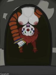 1girls big_breasts breasts_out clown clown_girl clown_nose female five_nights_at_freddy's five_nights_at_freddy's:_secret_of_the_mimic green_eyes hanging_breasts jackie_(fnaf) party_hat red_hair the_mimic_(fnaf) upside-down