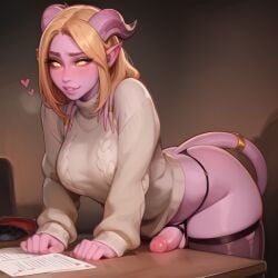 ai_generated bulge_through_clothing cute draenei futanari ion sweater table_humping thighhighs thong