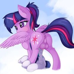 2017 alicorn ambiguous_gender ass backsack balls blush cloud cutie_mark dock duo equine feathered_wings feathers feral friendship_is_magic fur hair hi_res horn horse mammal multicolored_hair my_little_pony neck_bulge oral outside pony purple_eyes sex shining_armor_(mlp) twilight_sparkle_(mlp) twiren wings