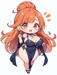 anime_style big_breasts black_dress bun_hair chibi chibi_style dress gigantic_breasts long_hair orange_hair original original_art original_artwork original_character pink_eyes short_dress white_skin