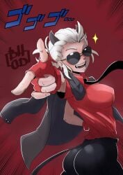 1girls blind buisness_suit business_attire business_woman clothed clothing demon demon_girl glasses gloves helltaker horns justice_(helltaker) necktie pointing_at_viewer red_gloves red_shirt shades smile smiling smiling_at_viewer tie tinted_eyewear white_hair