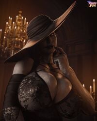 3d 3d_(artwork) alcina_dimitrescu big_breasts busty cleavage glowing_eyes hat huge_breasts lingerie massive_breasts mature_female milf mommy pale-skinned_female pillowfun resident_evil resident_evil_8:_village taller_female vampire white_skin yellow_eyes