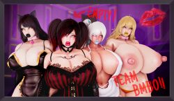 alternate_version_at_source arcrad big_breasts bimbo bimbo_lip bimbo_lips bimbofication black_hair black_lipstick blake_belladonna blonde_hair breasts collar light_blue_lipstick lipstick red_lipstick ruby_rose rwby tag_me tagme team_rwby vacant_stare weiss_schnee white_hair yang_xiao_long yellow_lipstick