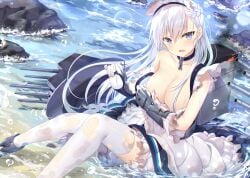 apron azur_lane beach belfast_(azur_lane) blue_eyes braid breasts bubble chain_necklace chains cleavage collar collarbone corset female french_braid frilled_apron frilled_gloves frills gauntlets gloves hair_between_eyes hair_censor jewelry large_breasts long_hair looking_at_viewer machinery maid maid_apron maid_headdress necklace ocean open_mouth side_braid sitting smoke solo stone thighhighs torn_clothes torn_thighhighs turret waist_apron white_apron white_hair white_thighhighs yano_mitsuki