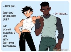 age_difference ai_assisted ai_generated black_male bulge bulge_through_clothing comic_page hand_on_another's_shoulder hand_on_hip interracial male_only muscular muscular_male original_character schwarzart simple_background size_difference text white_male