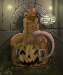 anthro ass eyewear eyewear_only food fruit glasses glasses_only halloween hi_res holidays jack-o'-lantern looking_at_viewer looking_back male mammal murid murine nude plant pose presenting presenting_hindquarters pumpkin raised_tail rat rodent sewer slim smelly solo tail wearing_glasses y32010g