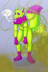 anthro blue_eyes canid canine fart fart_cloud fluffy fluffy_tail fox fur gassy hi_res huge_fart lime_fur luwis_miracle male mammal nude purple_body purple_fur raised_tail slim smelly solo speech_bubble stink_cloud stink_fumes stink_lines tail thick_tail y32010g