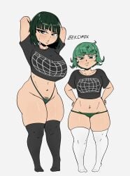 2girls arms_behind_head black_socks duo duo_female duo_focus fubuki_(one-punch_man) green_hair hands_on_hips highleg highleg_panties leekcheek lowleg lowleg_panties meme_attire multiple_girls one-punch_man optical_illusion shirt shortstack sisters tatsumaki thick_hips thick_lips thick_thighs thighhighs thighs tshirt white_socks