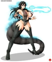 black_hair breasts cosplay dinosaur energy female glowing godzilla godzilla_(series) huge_breasts humanized kaiju kaiju_girl kaiju_girls_(webcomic) monster monster_girl personification pussy red_eyes revealing_clothes rule_63 sagging_breasts see-through sling_bikini tail toho_(film_company) witchking00