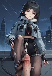 1girls ai_generated aqua_eyes black_hair cum footjob jane_doe_(zenless_zone_zero) pantyhose smirk zenless_zone_zero