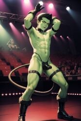 ai_generated anthro beast_boy big_bulge boots bulge dancer dc dc_comics green_body green_eyes green_hair green_skin human latex latex_gloves leather leather_gloves leather_harness leather_jockstrap male male_stripper on_stage pointy_ears stage stage_lights stripclub teen_titans