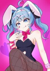 arm_ribbon blue_eyes blue_hair bowtie breasts female_only fishnets hatsune_miku heart-shaped_pupils heart_cutout knee_up long_hair looking_at_viewer multicolored_hair necktie not_porn pantyhose rabbit_ears rabbit_hole_(vocaloid) red_ribbon sfw shionastter smile tongue_out twintails