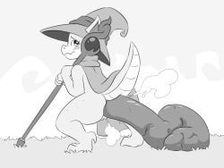 anthro ass barely_visible_genitalia barely_visible_vulva blush crouching dendollae excessive_feces fart fart_cloud feces feces_on_ground feces_pile female female_pooping furgonomic_hat furgonomic_headwear furgonomics genitals grass holding_object holding_staff hyper hyper_feces hyper_feces_pile hyper_scat kobold looking_back monochrome mostly_nude mostly_nude_anthro mostly_nude_female plant pooping_on_floor pussy raised_tail scales scalie scarf scat scatplay simple_background solo staff tail vulva