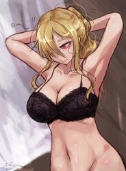 1girl after_sex almost_naked almost_nude armpit arms_behind_back aurelia_(dorei_to_no_seikatsu) big_breasts black_bra blonde_hair bottomless breasts_focus cleavage collarbone dorei_to_no_seikatsu_~teaching_feeling~ el_clive_(edited) el_clive_was_here feelings female female_focus female_only frown groin hair_over_one_eye hairdressing hand_on_hair light-skinned_female light_skin looking_at_another morning no_panties no_visible_genitalia ray-k ray-kbys red_eyes teaching upper_body yellow_hair